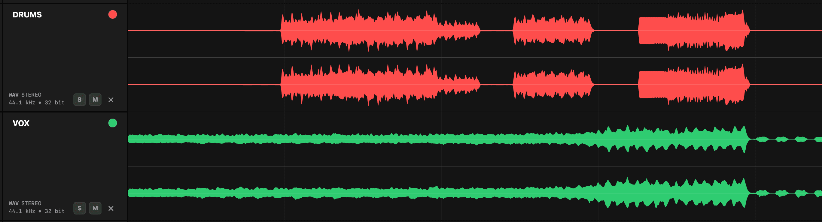 Two stems in Stem Checker sharing the same start point, with the drums entering later than the vocal